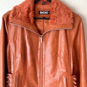 RARE! Y2K VINTAGE Leather! XOXO Womens Bomber Jacket Lace Up Moto Size XL